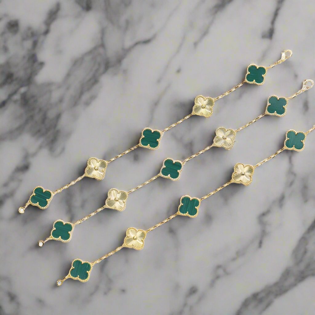 18K Vintage Alhambra Five Motifs Malachite Diamonds Clover Bracelet