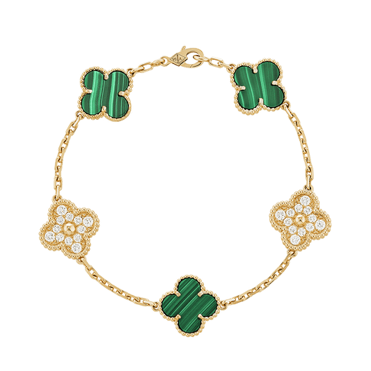 18K Vintage Alhambra Five Motifs Malachite Diamonds Bracelet