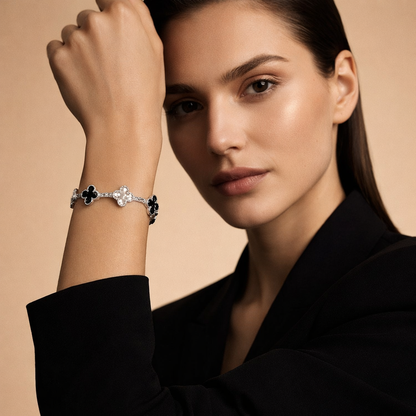 18K Vintage Alhambra Five Motifs Black Diamonds Clover Bracelet