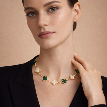 18K Vintage Alhambra Malachite Diamonds 10 Motifs Necklace